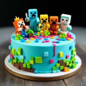 A round Minecraft birthday cake decorated with blue icing, colorful square blocks, and five Minecraft-inspired character toppers in various colors.
